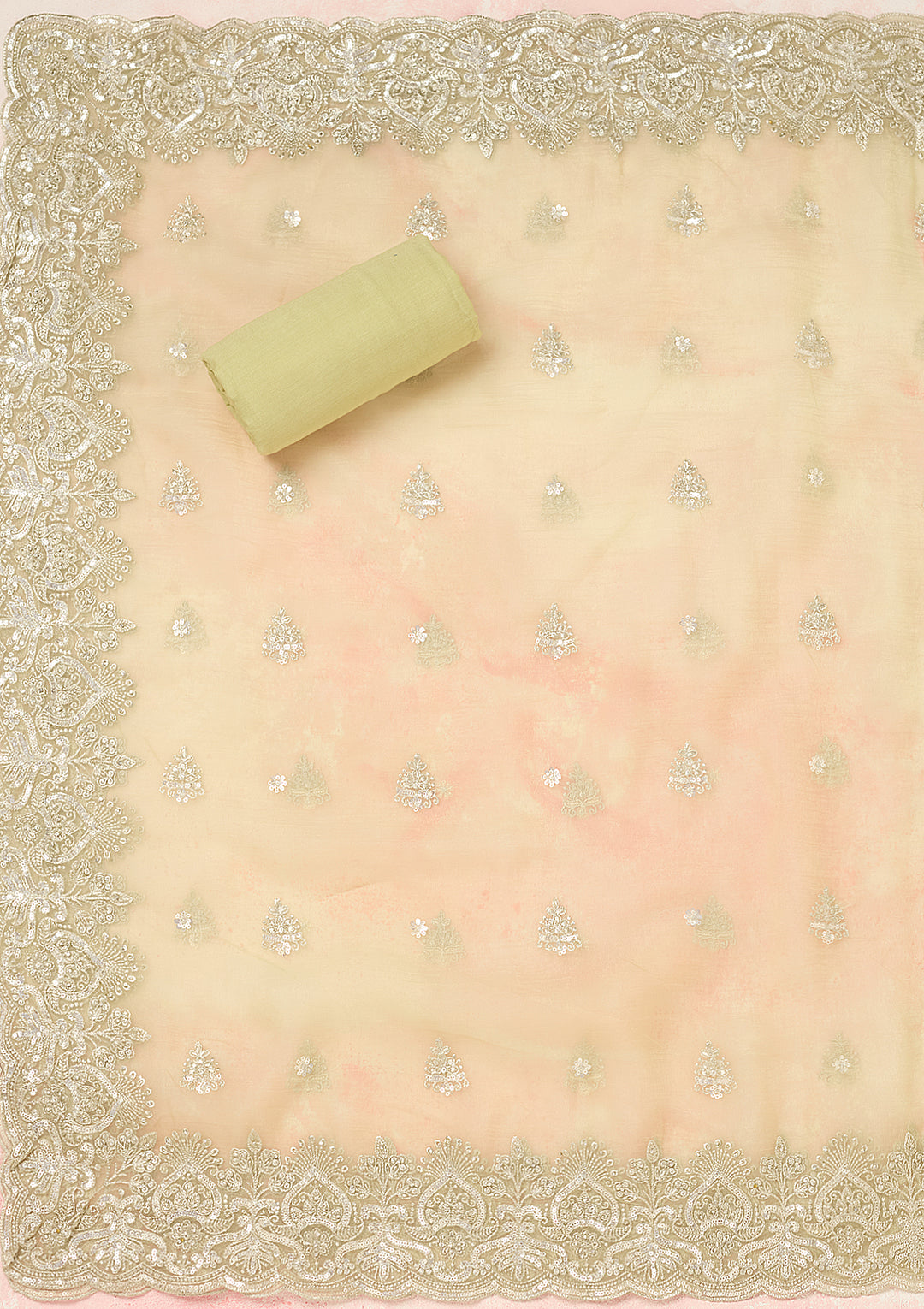 Pista Green Tissue Threadwork Unstitched Dress Material With Matching Bottom And Dupatta