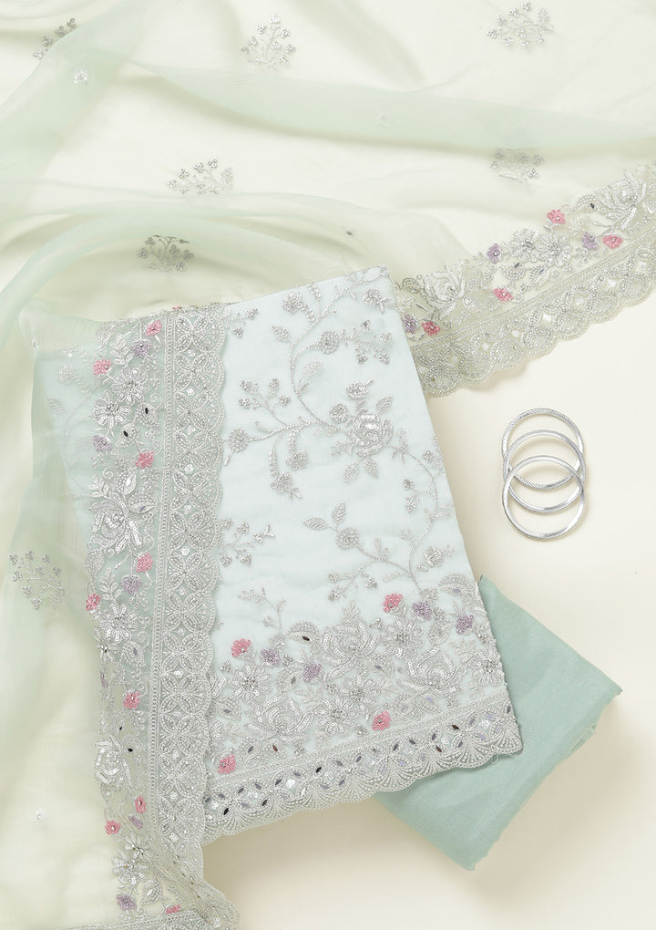 Pista Green Threadwork Tissue Unstitched Salwar Suit