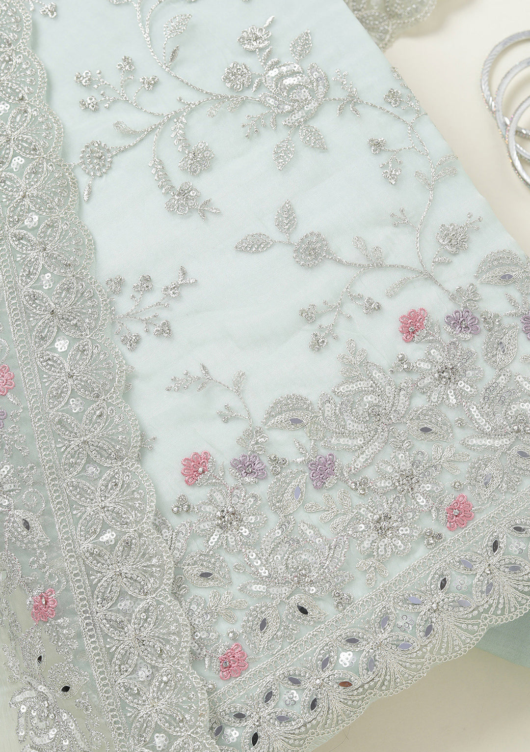 Pista Green Threadwork Tissue Unstitched Salwar Suit