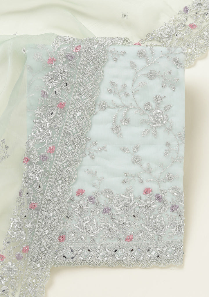 Pista Green Threadwork Tissue Unstitched Salwar Suit