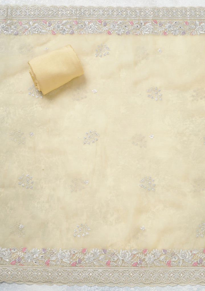 Yellow Threadwork Tissue Unstitched Salwar Suit