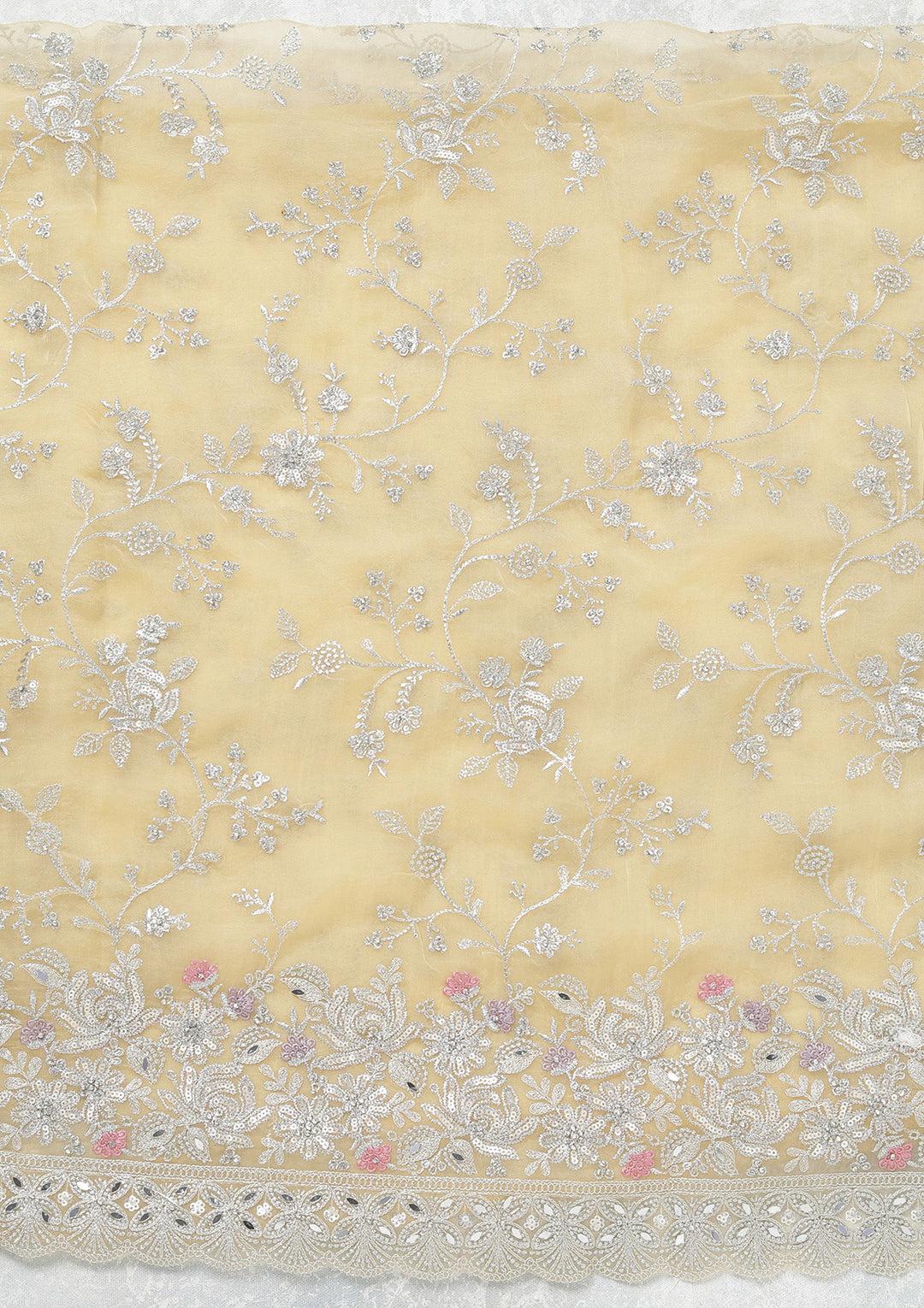 Yellow Threadwork Tissue Unstitched Salwar Suit