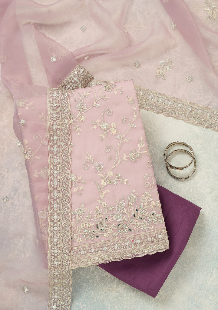 Lavender Tissue Threadwork Unstitched Dress Material With Matching Bottom And Dupatta