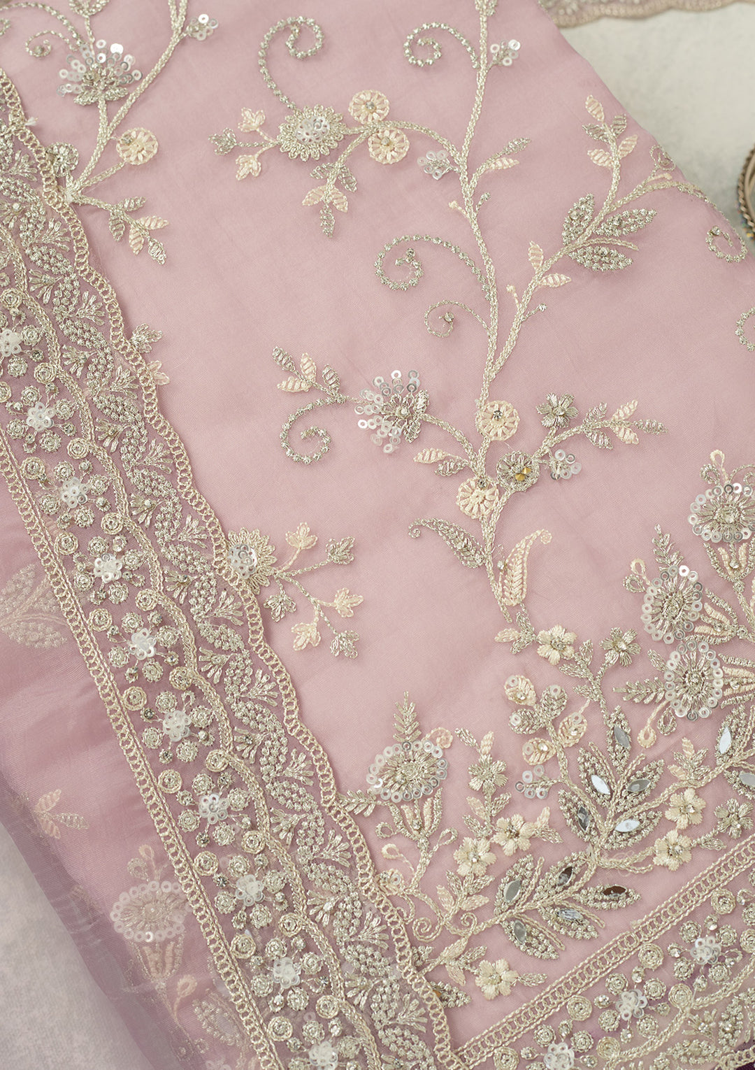 Lavender Tissue Threadwork Unstitched Dress Material With Matching Bottom And Dupatta