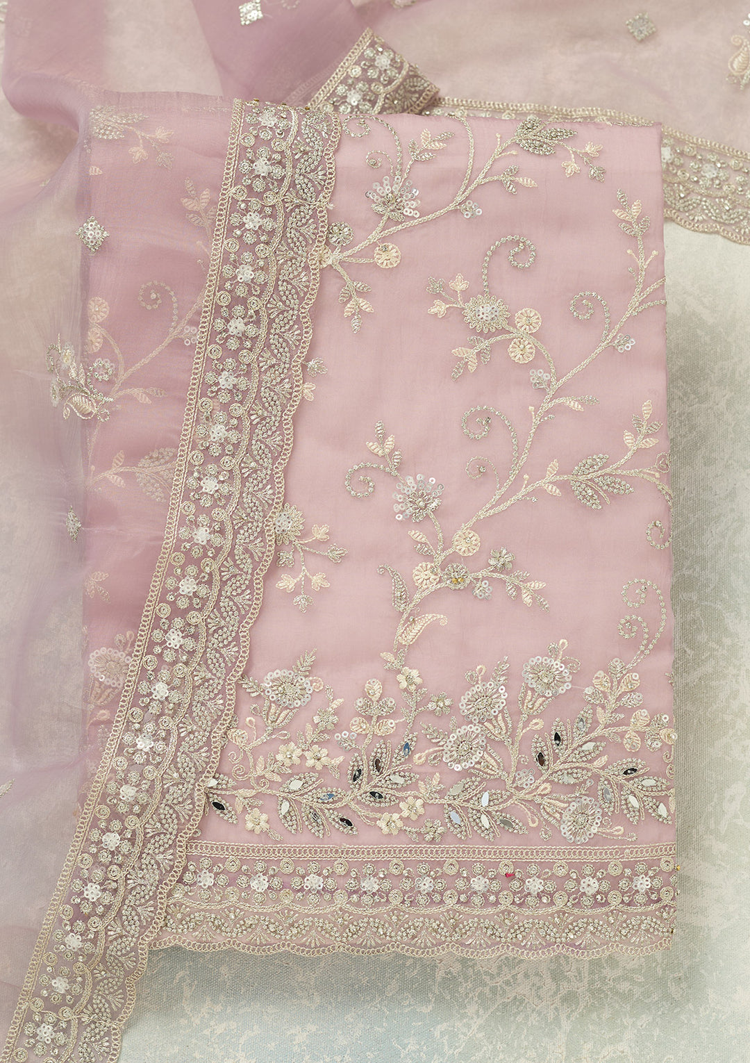 Lavender Tissue Threadwork Unstitched Dress Material With Matching Bottom And Dupatta