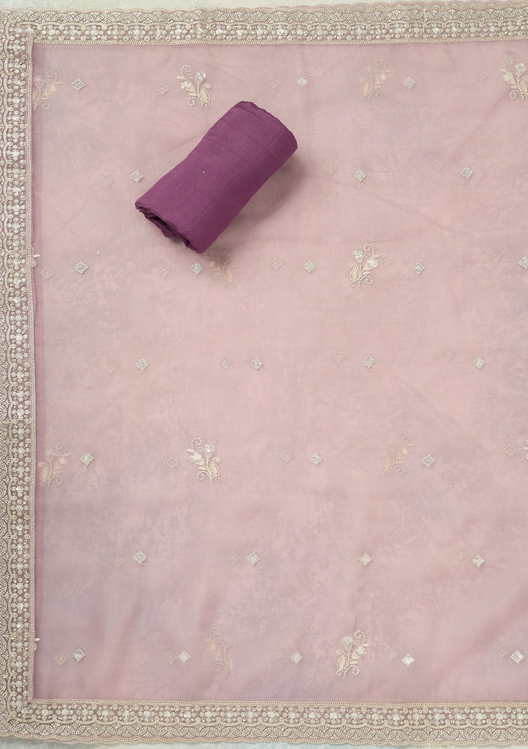 Lavender Tissue Threadwork Unstitched Dress Material With Matching Bottom And Dupatta