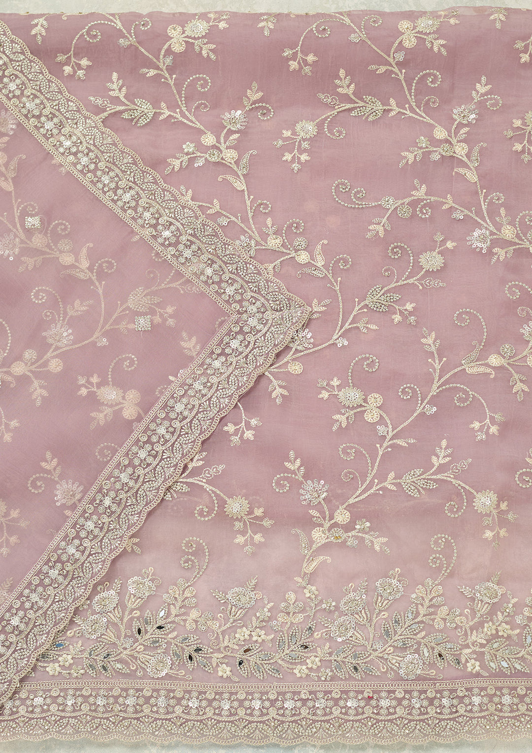 Lavender Tissue Threadwork Unstitched Dress Material With Matching Bottom And Dupatta