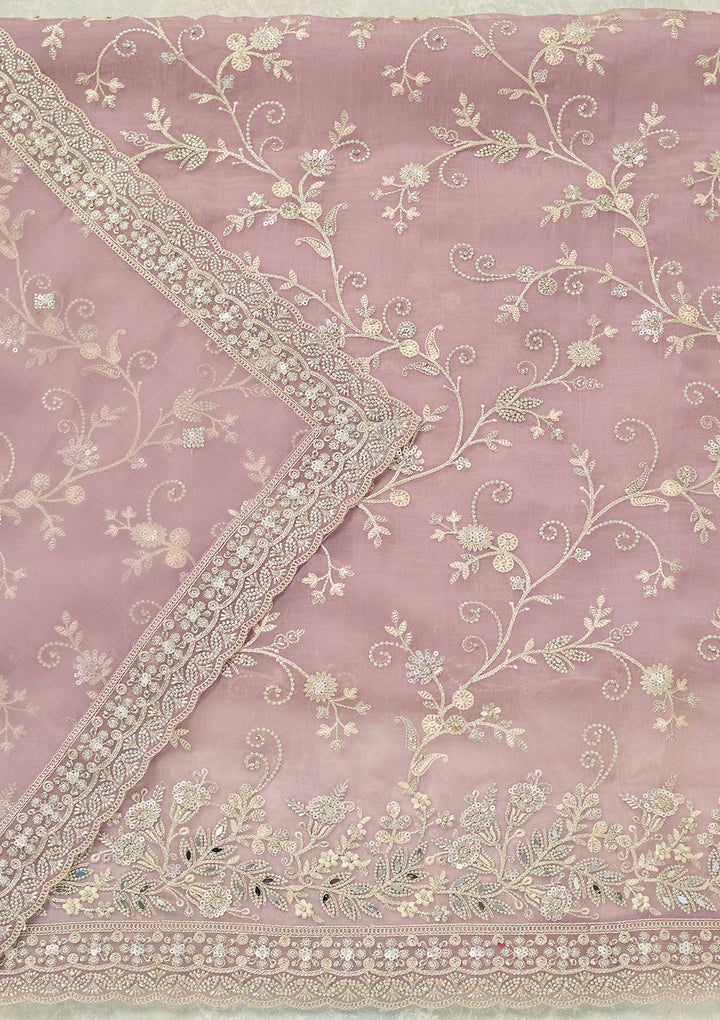 Lavender Tissue Threadwork Unstitched Dress Material With Matching Bottom And Dupatta