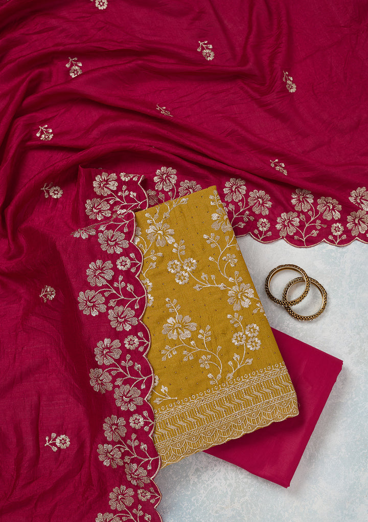 Mustard Zariwork (Gold) Soft Raw Silk Unstitched Salwar Suit
