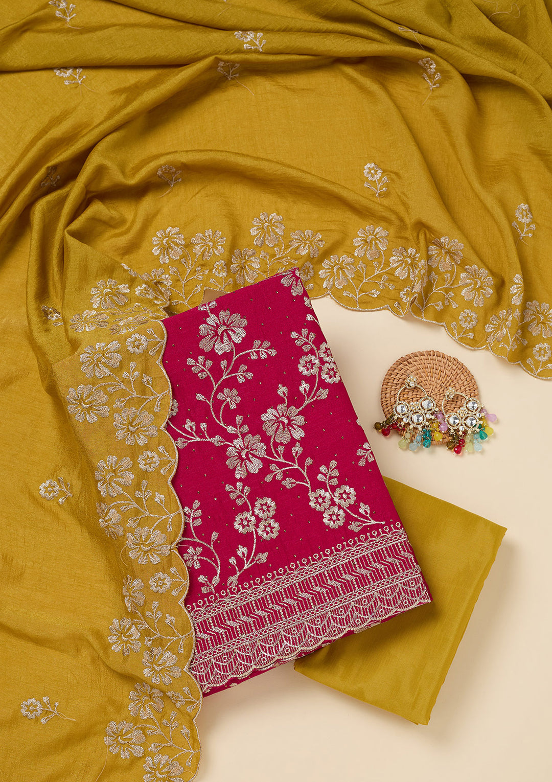 Rani Pink Soft Raw Silk Gold Zariwork Unstitched Dress Material With Matching Bottom And Dupatta