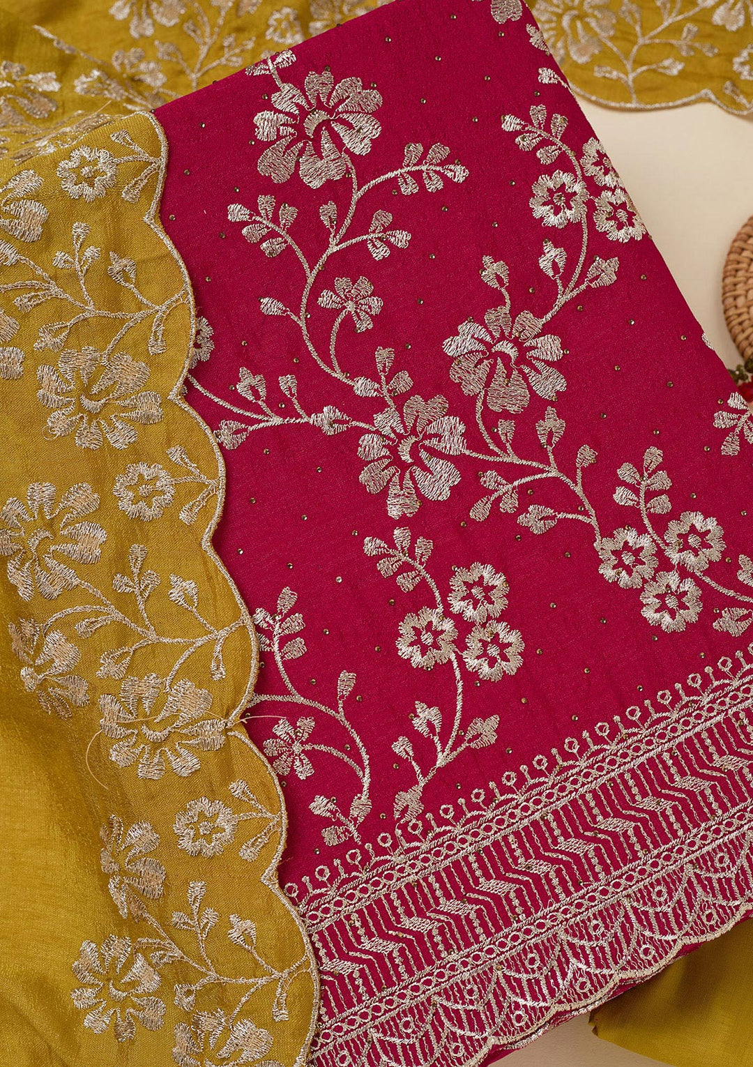 Rani Pink Soft Raw Silk Gold Zariwork Unstitched Dress Material With Matching Bottom And Dupatta