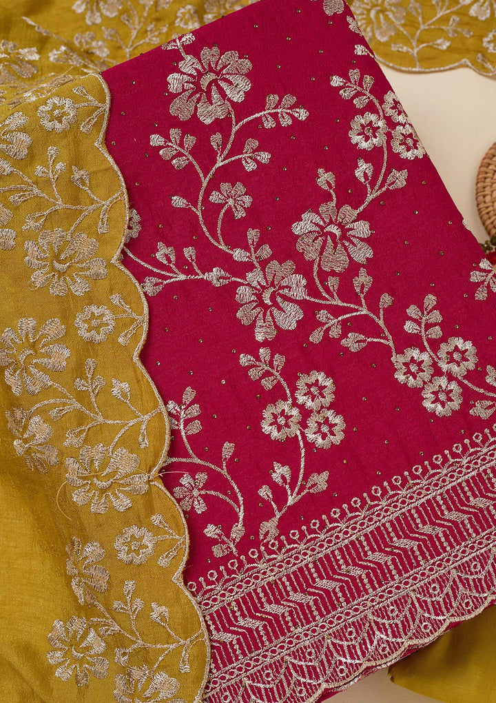 Rani Pink Soft Raw Silk Gold Zariwork Unstitched Dress Material With Matching Bottom And Dupatta