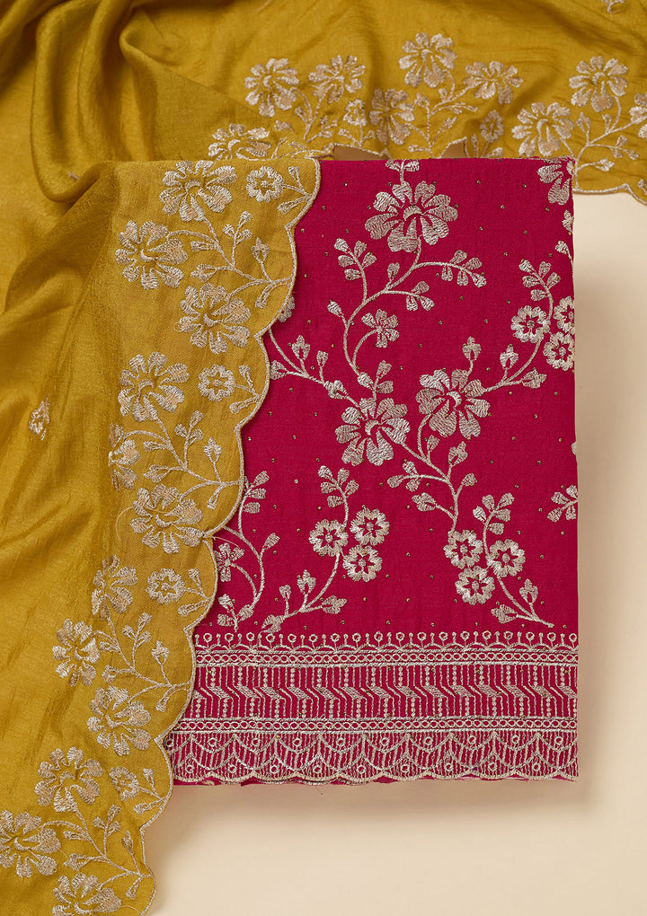 Rani Pink Soft Raw Silk Gold Zariwork Unstitched Dress Material With Matching Bottom And Dupatta
