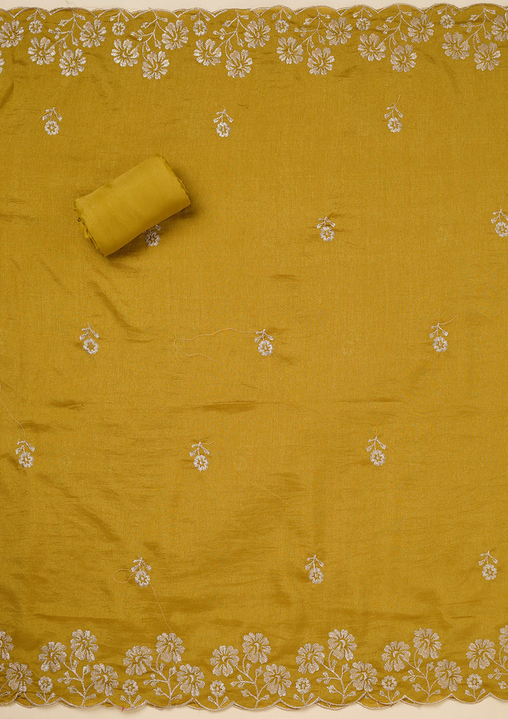 Rani Pink Soft Raw Silk Gold Zariwork Unstitched Dress Material With Matching Bottom And Dupatta