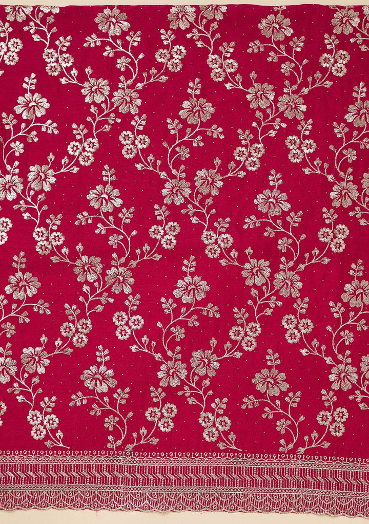 Rani Pink Soft Raw Silk Gold Zariwork Unstitched Dress Material With Matching Bottom And Dupatta