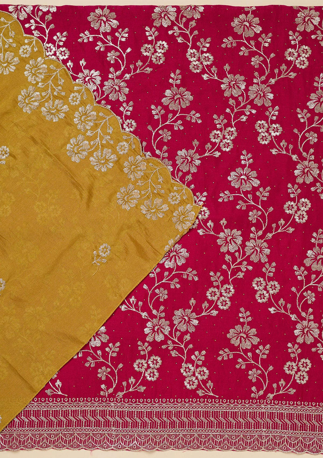 Rani Pink Soft Raw Silk Gold Zariwork Unstitched Dress Material With Matching Bottom And Dupatta