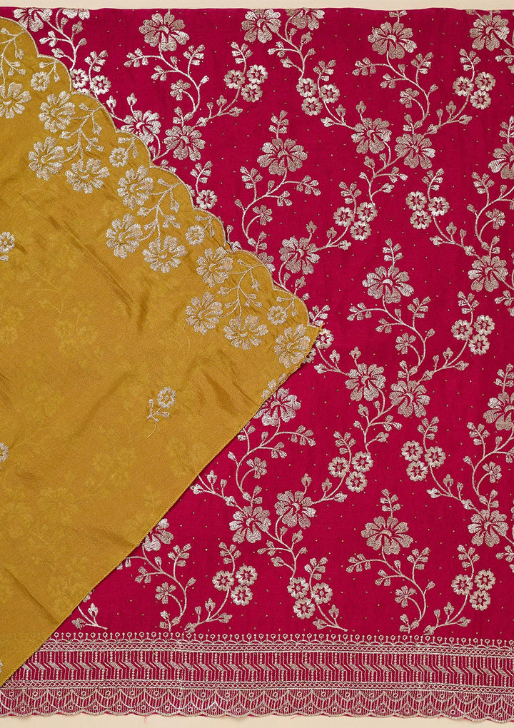 Rani Pink Soft Raw Silk Gold Zariwork Unstitched Dress Material With Matching Bottom And Dupatta