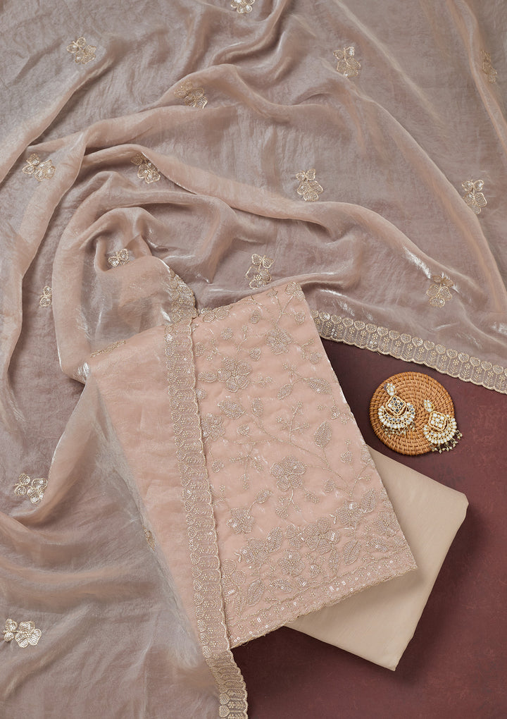 Beige Tissue Sequins Unstitched Dress Material With Matching Bottom And Dupatta