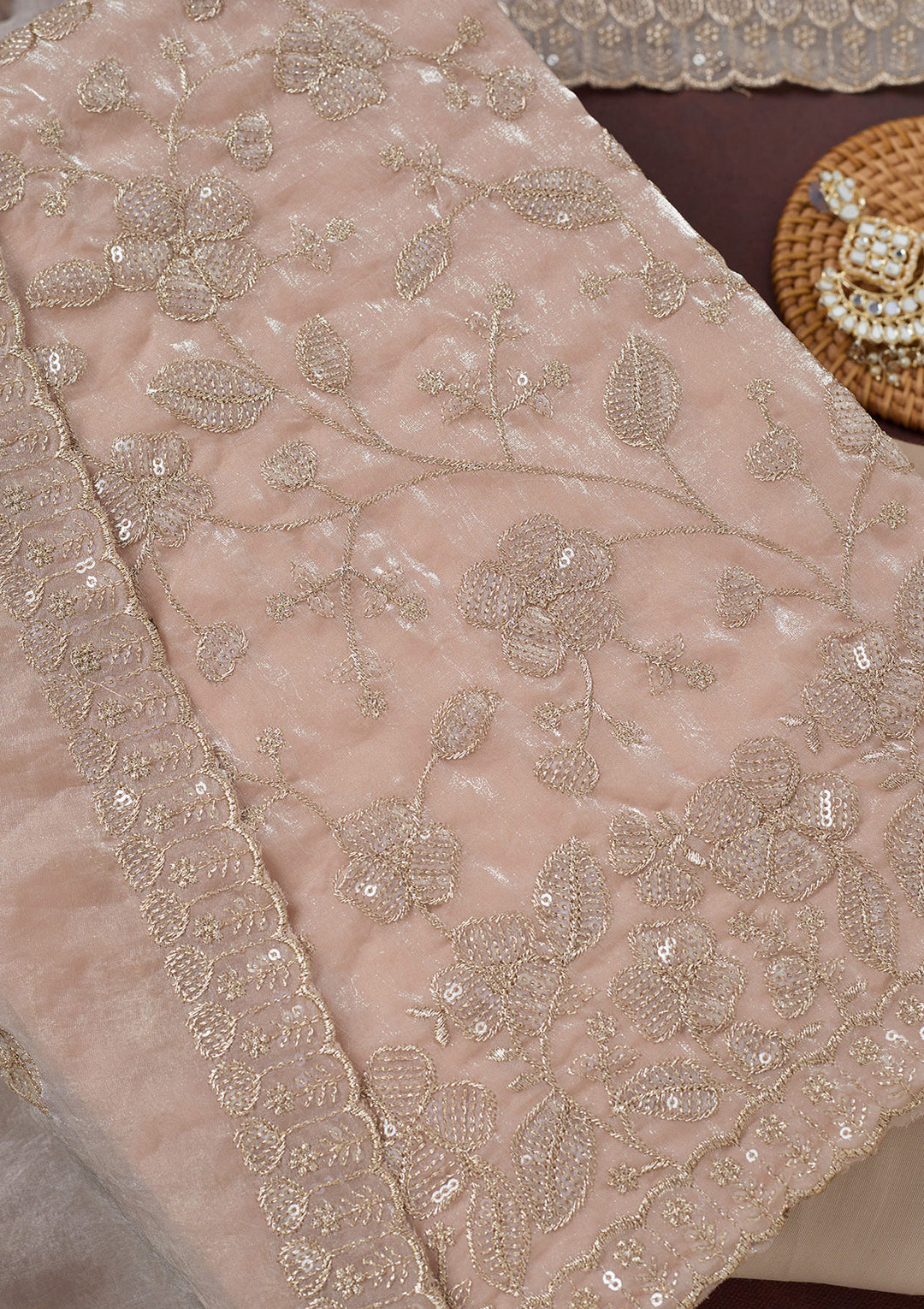 Beige Tissue Sequins Unstitched Dress Material With Matching Bottom And Dupatta