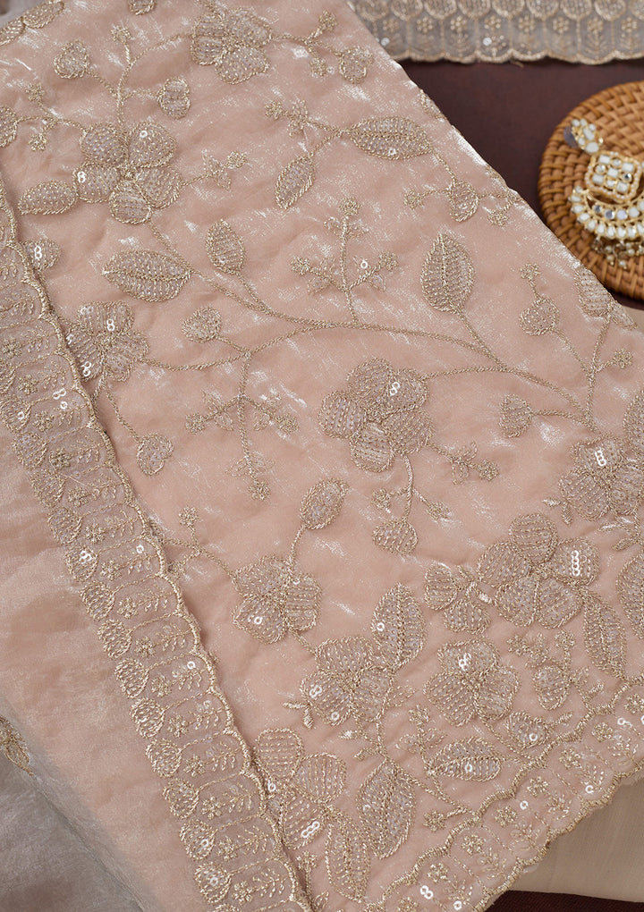 Beige Tissue Sequins Unstitched Dress Material With Matching Bottom And Dupatta