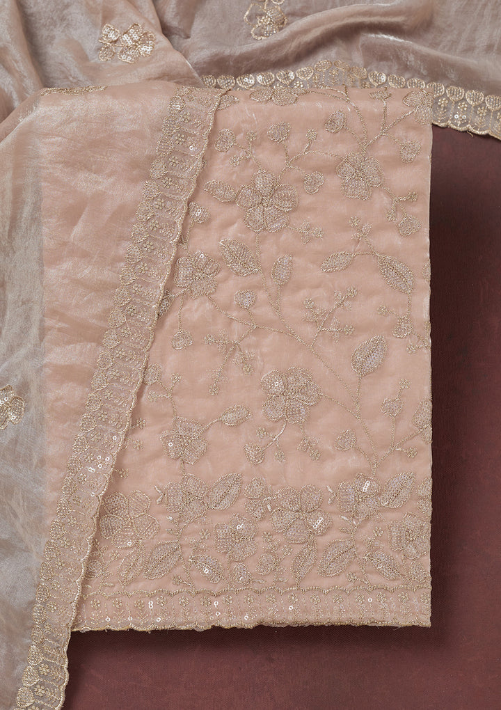 Beige Tissue Sequins Unstitched Dress Material With Matching Bottom And Dupatta