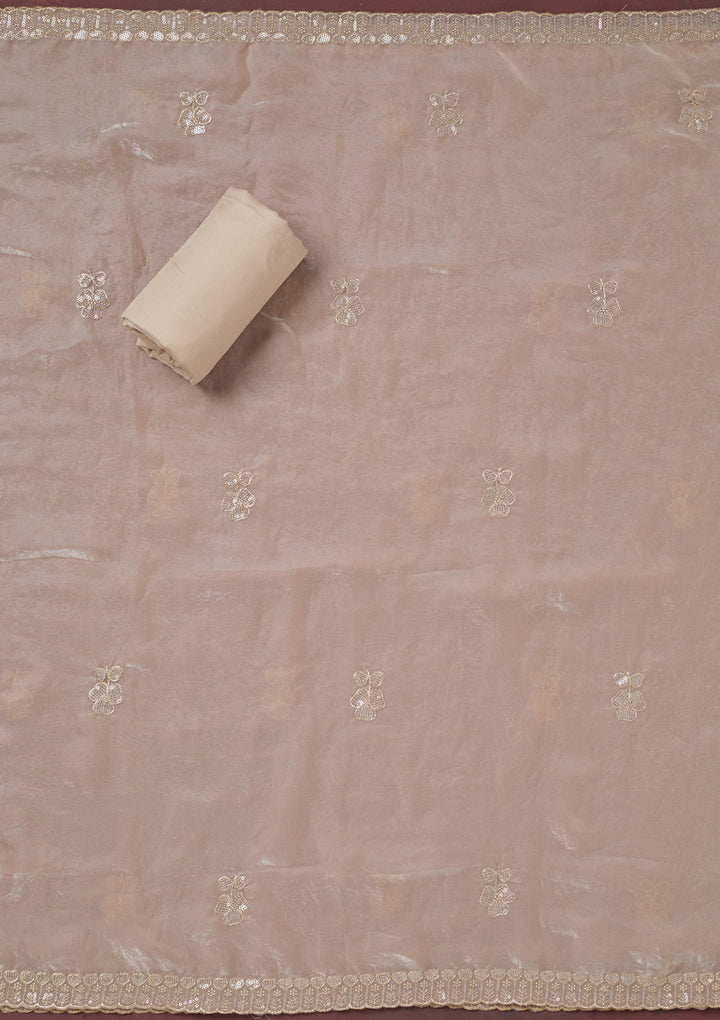 Beige Tissue Sequins Unstitched Dress Material With Matching Bottom And Dupatta