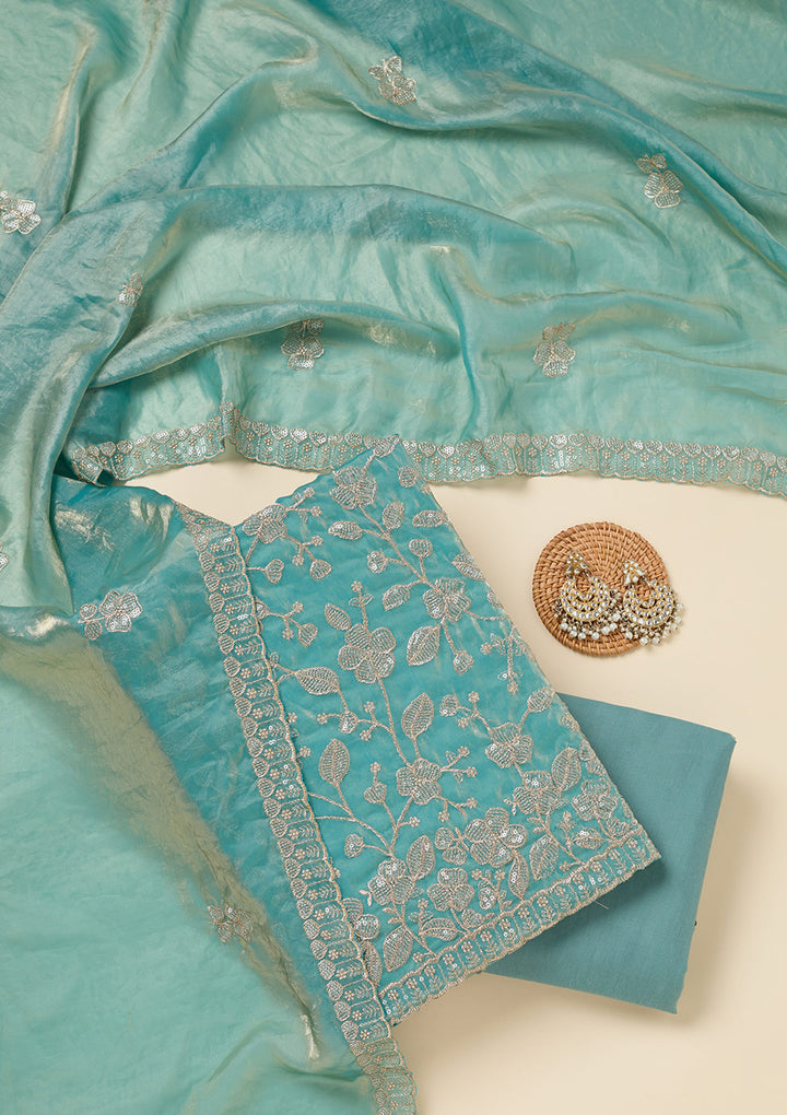 Blue Tissue Sequins Unstitched Dress Material With Matching Bottom And Dupatta