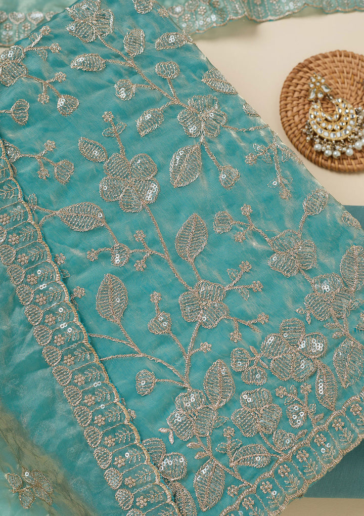Blue Tissue Sequins Unstitched Dress Material With Matching Bottom And Dupatta