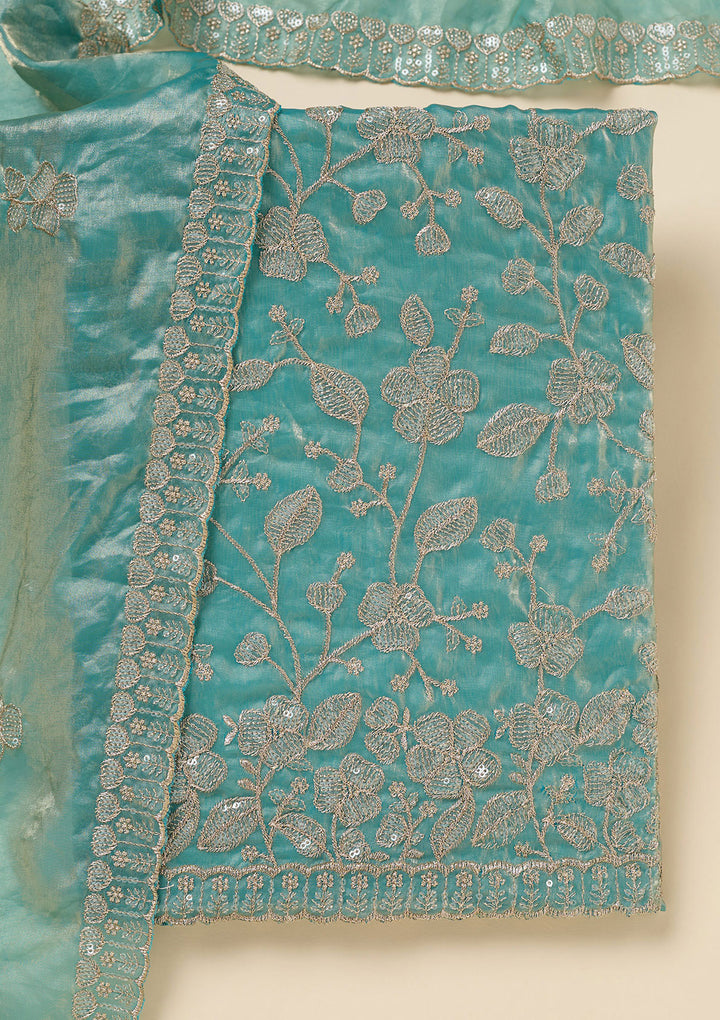 Blue Tissue Sequins Unstitched Dress Material With Matching Bottom And Dupatta