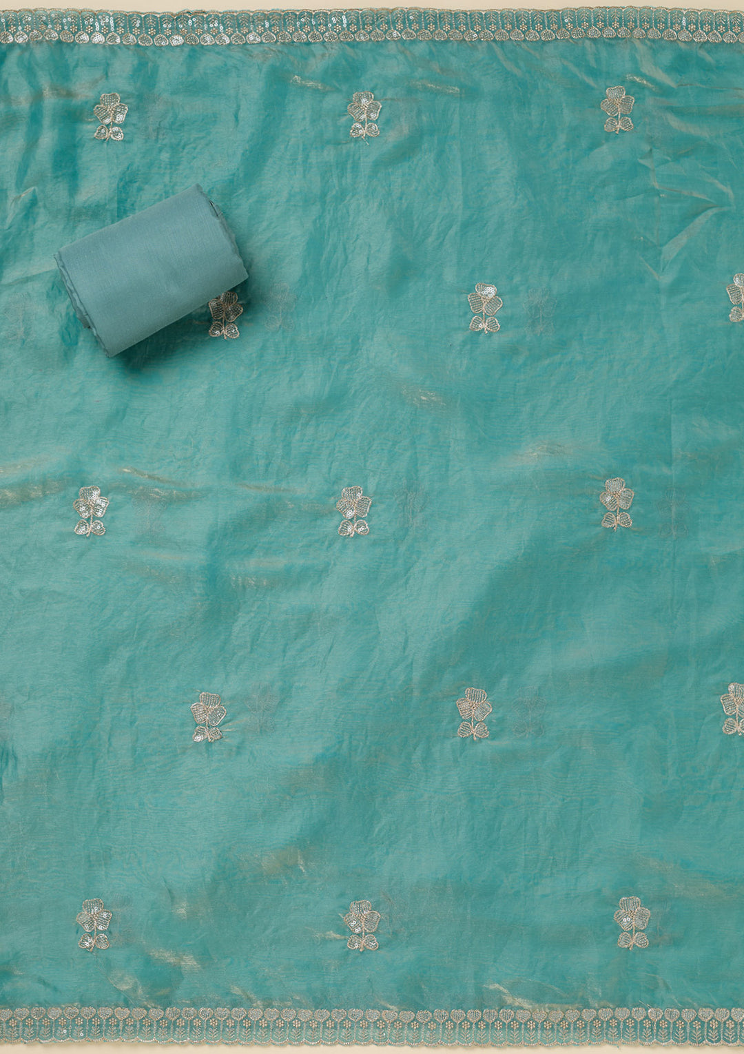 Blue Tissue Sequins Unstitched Dress Material With Matching Bottom And Dupatta