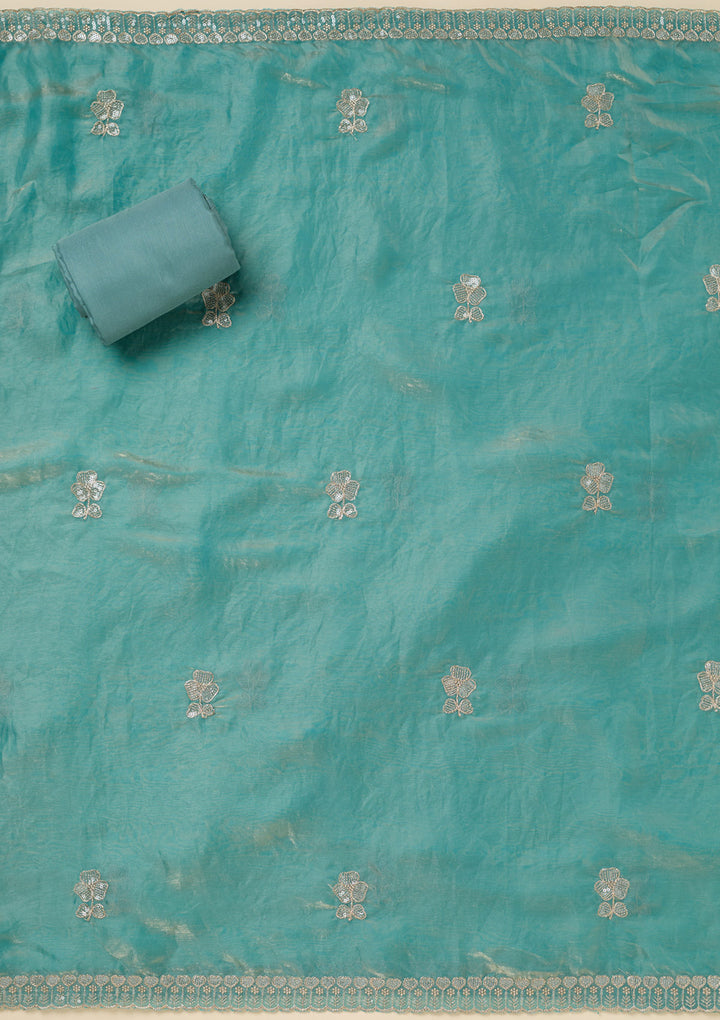 Blue Tissue Sequins Unstitched Dress Material With Matching Bottom And Dupatta