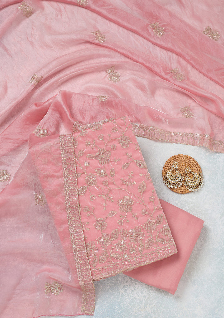 Pink Tissue Sequins Unstitched Dress Material With Matching Bottom And Dupatta