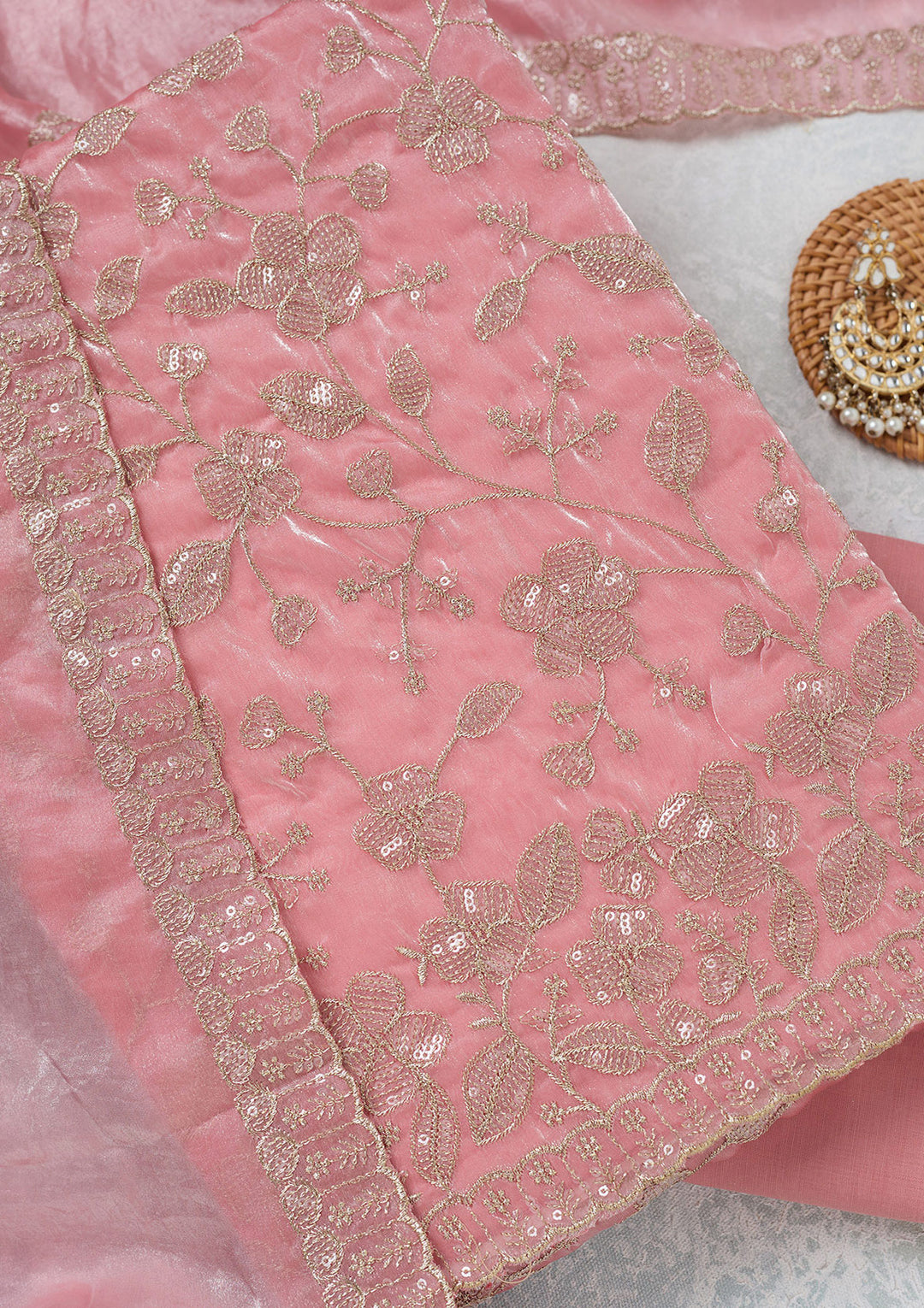 Pink Tissue Sequins Unstitched Dress Material With Matching Bottom And Dupatta
