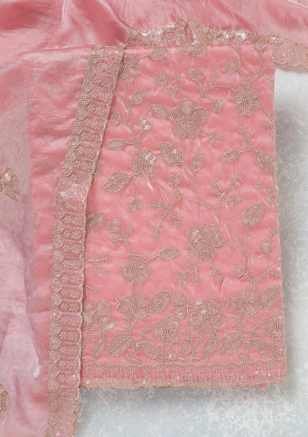 Pink Tissue Sequins Unstitched Dress Material With Matching Bottom And Dupatta