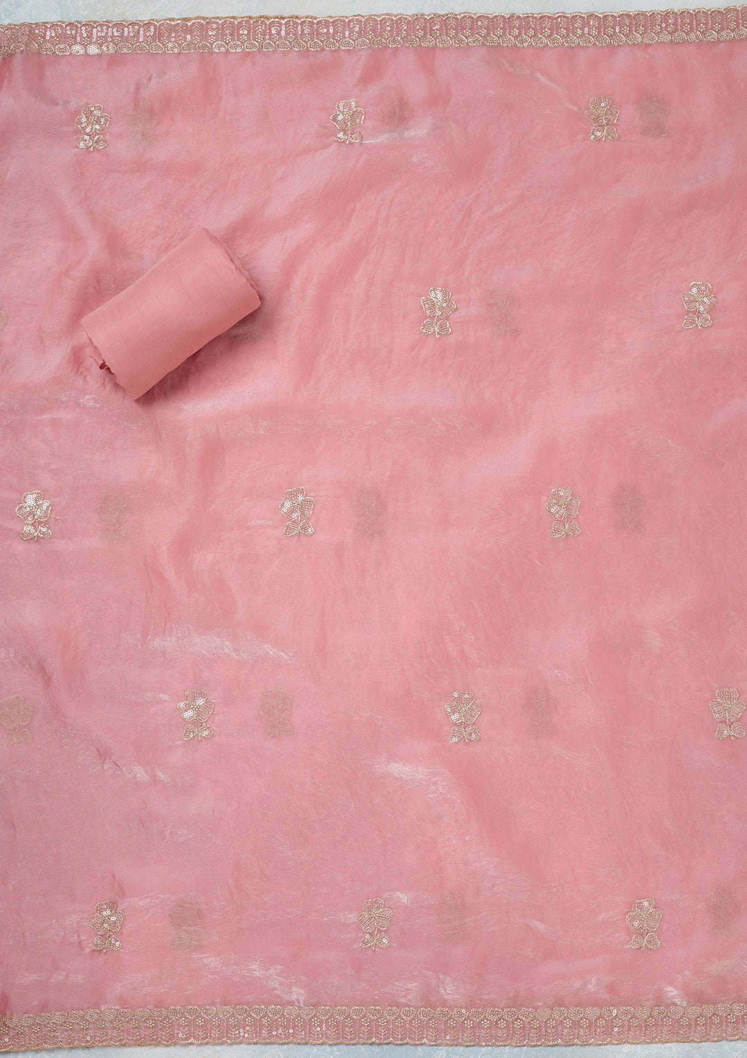 Pink Tissue Sequins Unstitched Dress Material With Matching Bottom And Dupatta