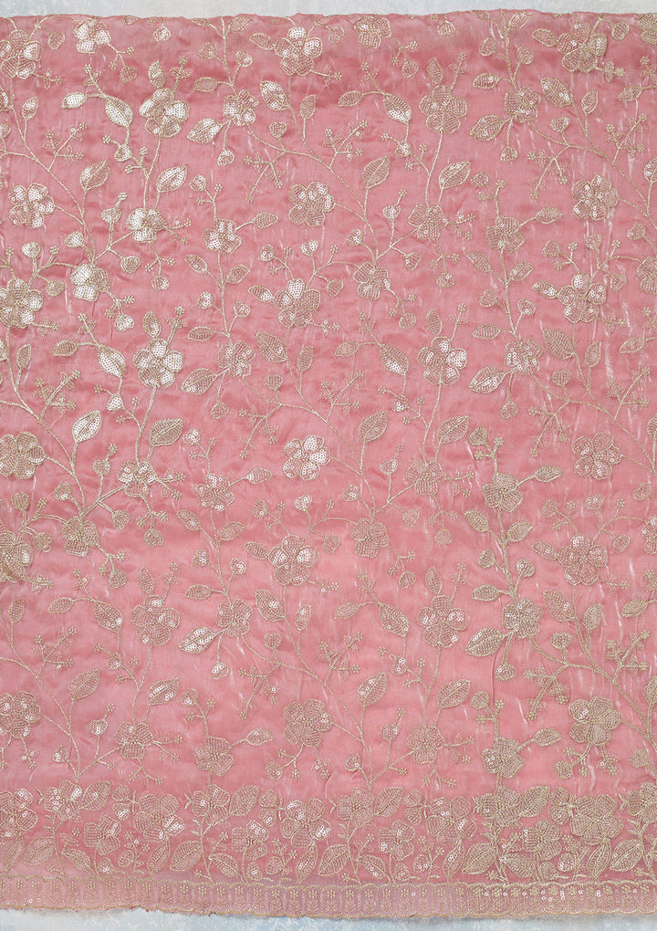 Pink Tissue Sequins Unstitched Dress Material With Matching Bottom And Dupatta