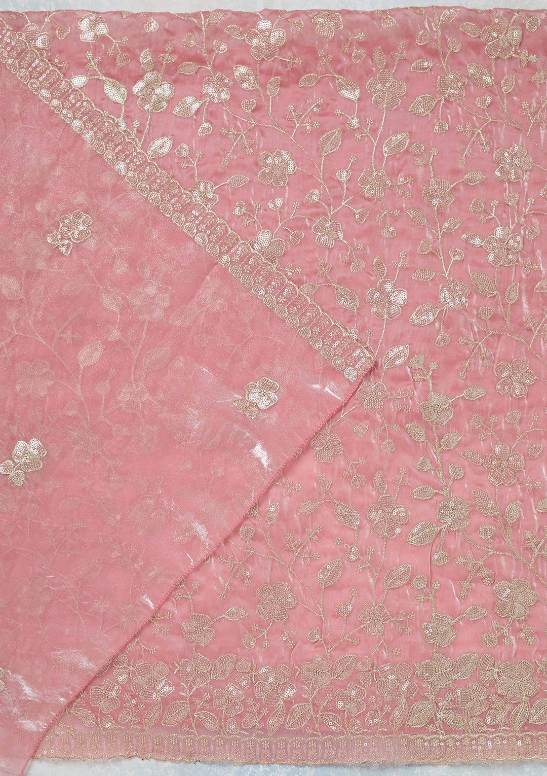 Pink Tissue Sequins Unstitched Dress Material With Matching Bottom And Dupatta