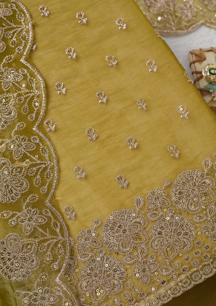 Green Zariwork (Gold) Tissue Unstitched Salwar Suit