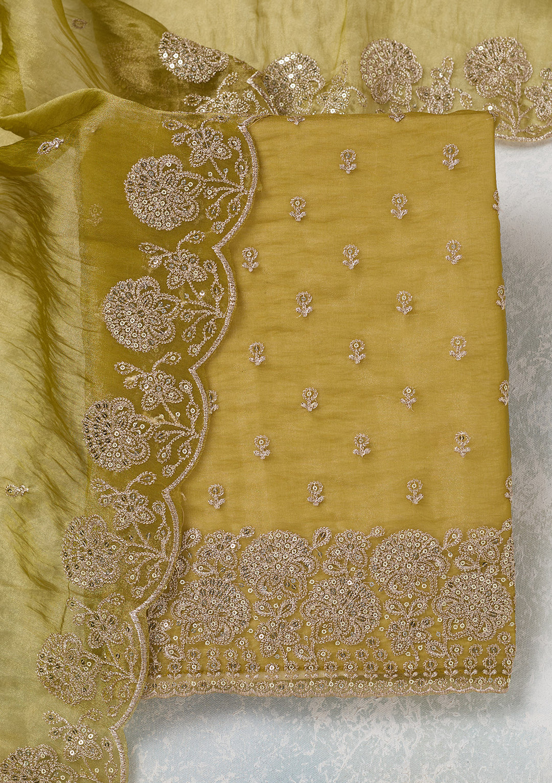 Green Zariwork (Gold) Tissue Unstitched Salwar Suit