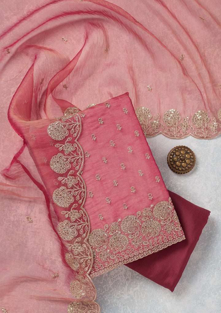 Pink Tissue Gold Zariwork Unstitched Dress Material With Matching Bottom And Dupatta