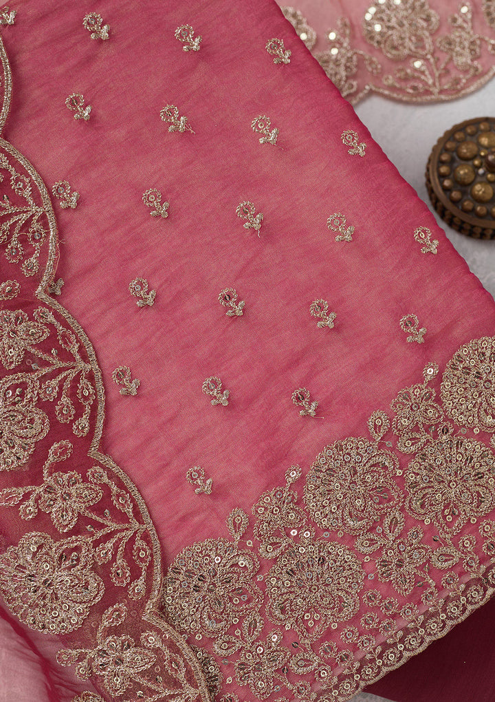 Pink Tissue Gold Zariwork Unstitched Dress Material With Matching Bottom And Dupatta