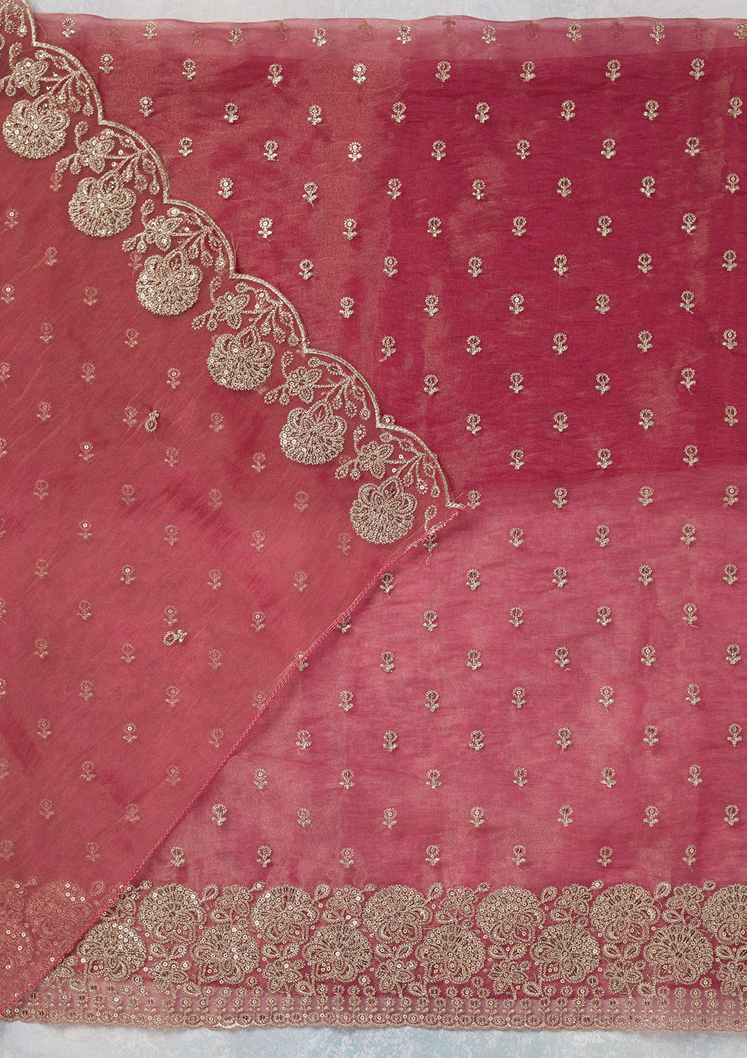 Pink Tissue Gold Zariwork Unstitched Dress Material With Matching Bottom And Dupatta
