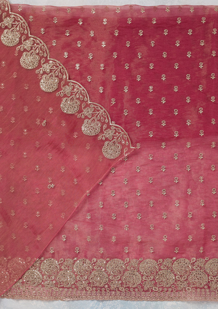 Pink Tissue Gold Zariwork Unstitched Dress Material With Matching Bottom And Dupatta