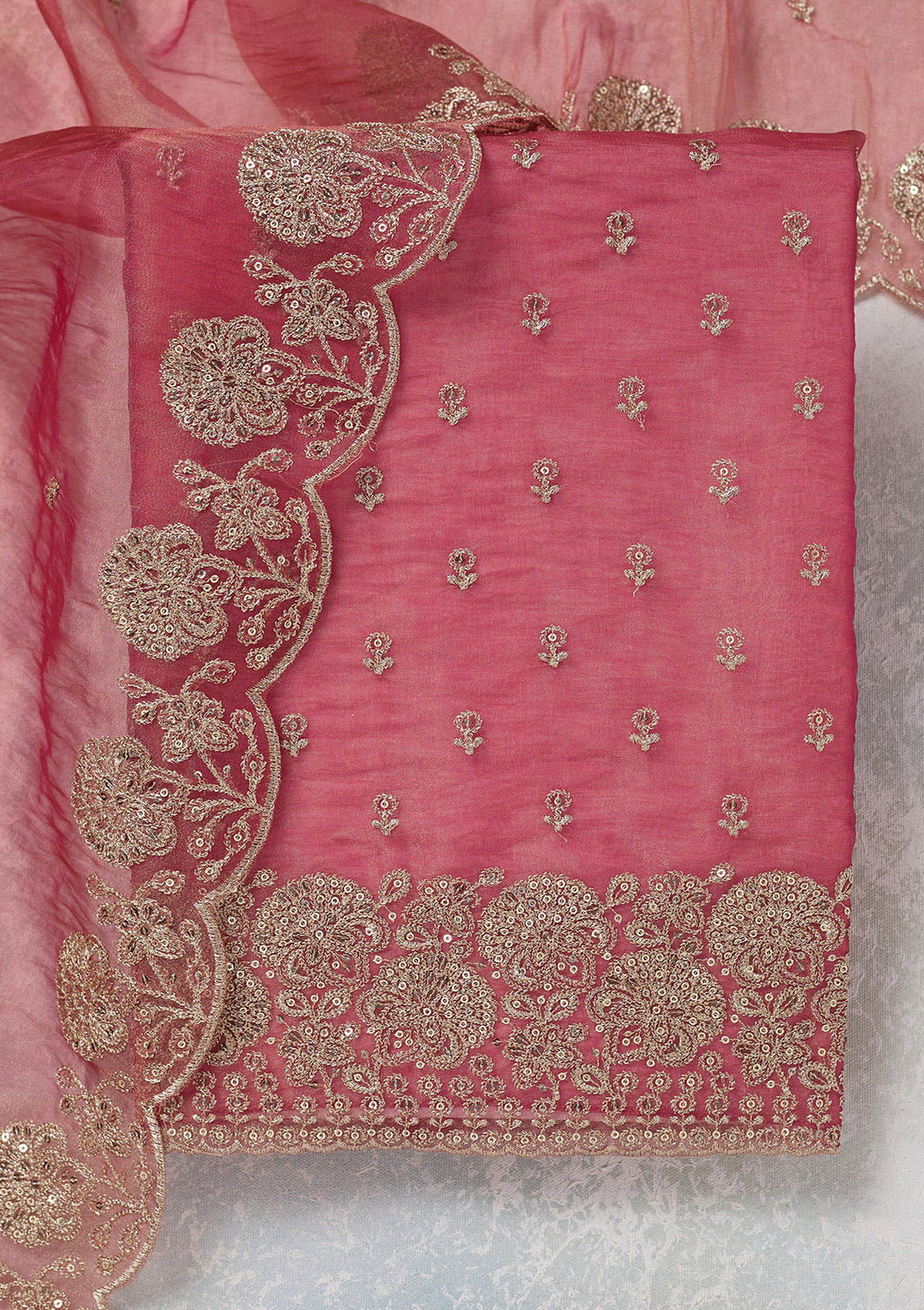 Pink Tissue Gold Zariwork Unstitched Dress Material With Matching Bottom And Dupatta