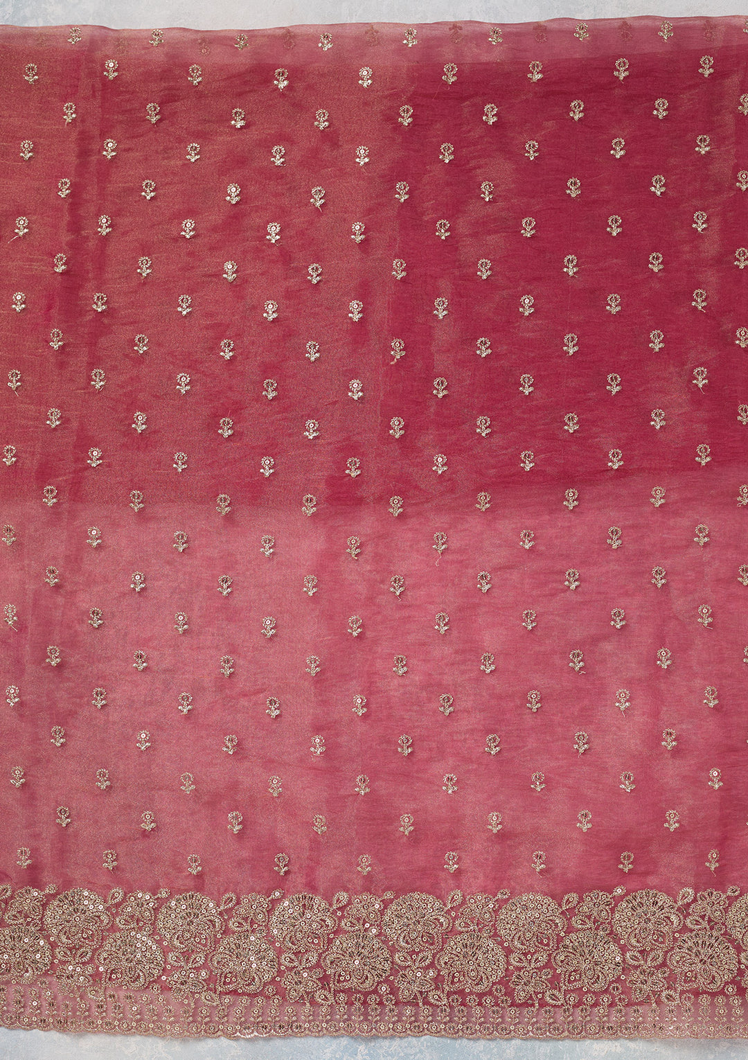 Pink Tissue Gold Zariwork Unstitched Dress Material With Matching Bottom And Dupatta