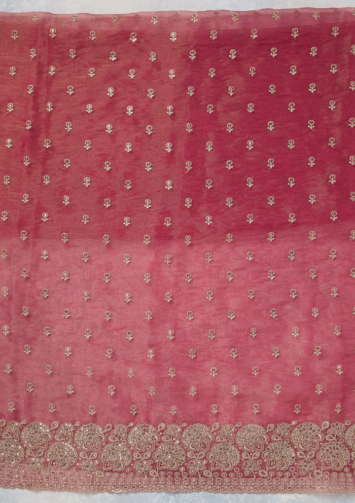 Pink Tissue Gold Zariwork Unstitched Dress Material With Matching Bottom And Dupatta