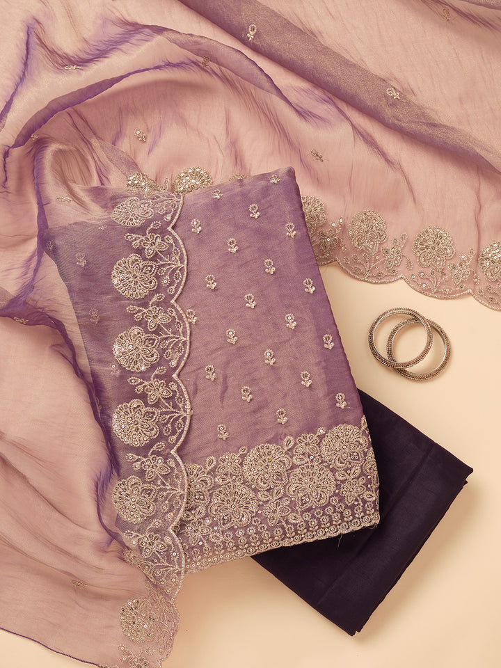 Wine Tissue Gold Zariwork Unstitched Dress Material With Matching Bottom And Dupatta