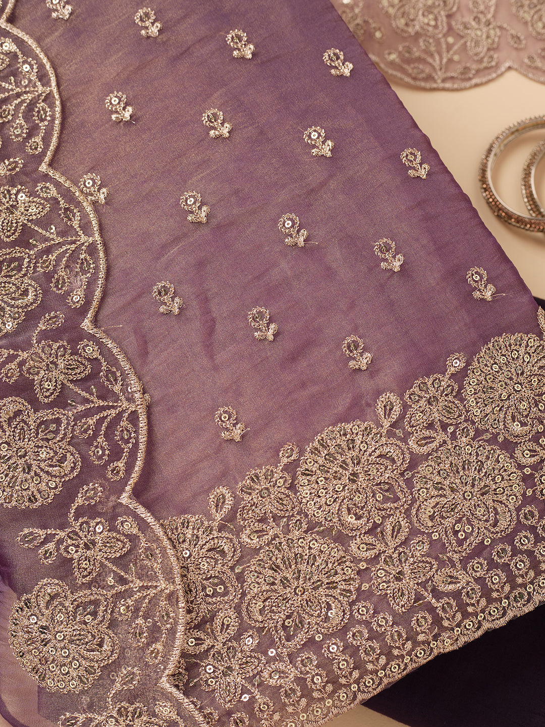 Wine Tissue Gold Zariwork Unstitched Dress Material With Matching Bottom And Dupatta