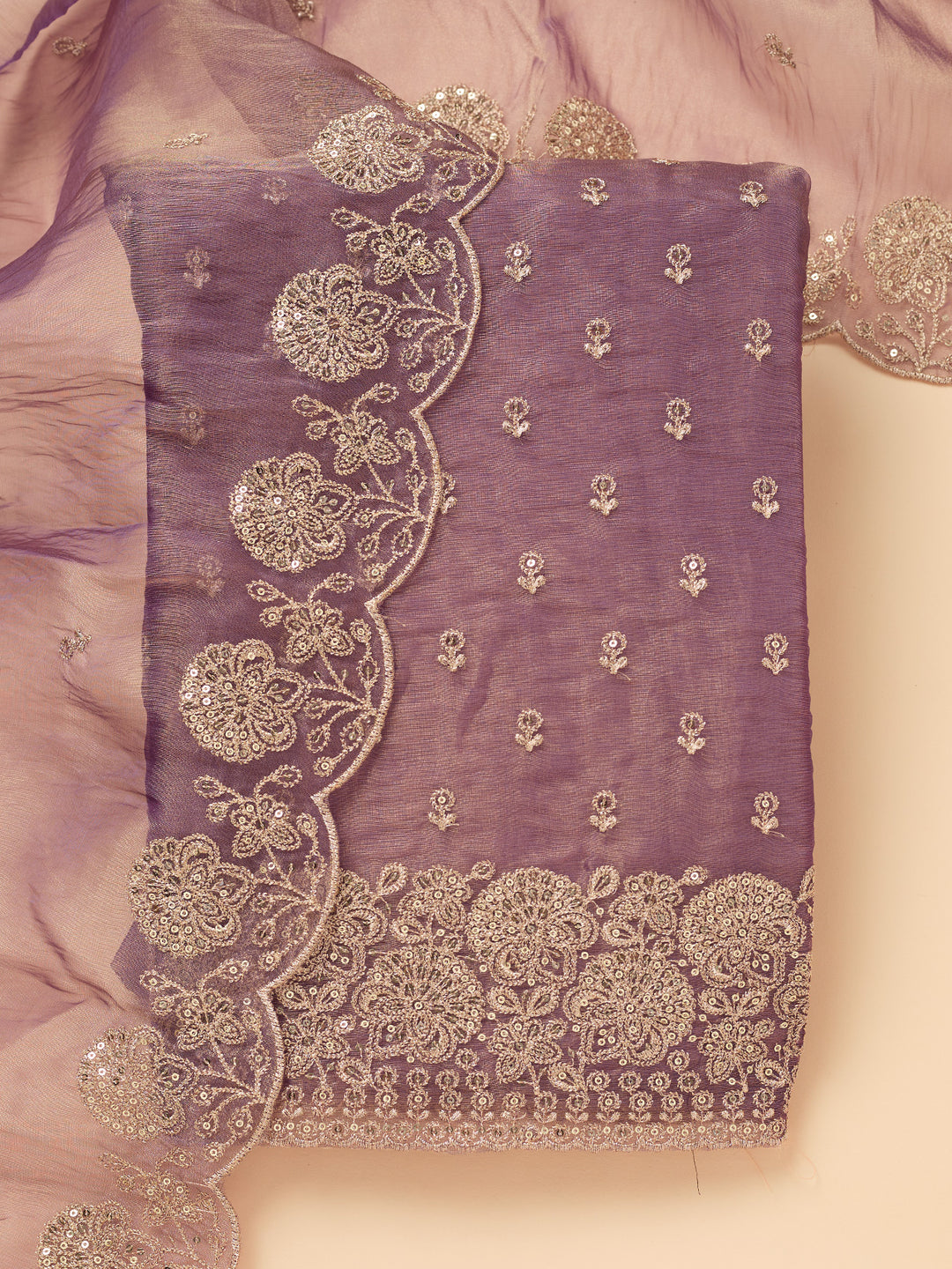 Wine Tissue Gold Zariwork Unstitched Dress Material With Matching Bottom And Dupatta
