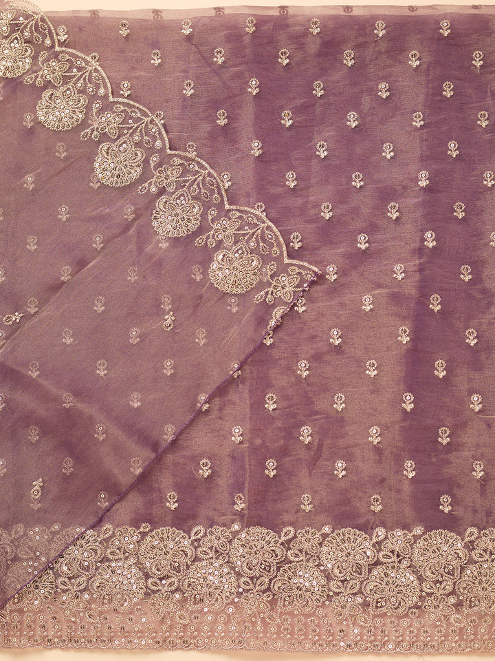 Wine Tissue Gold Zariwork Unstitched Dress Material With Matching Bottom And Dupatta